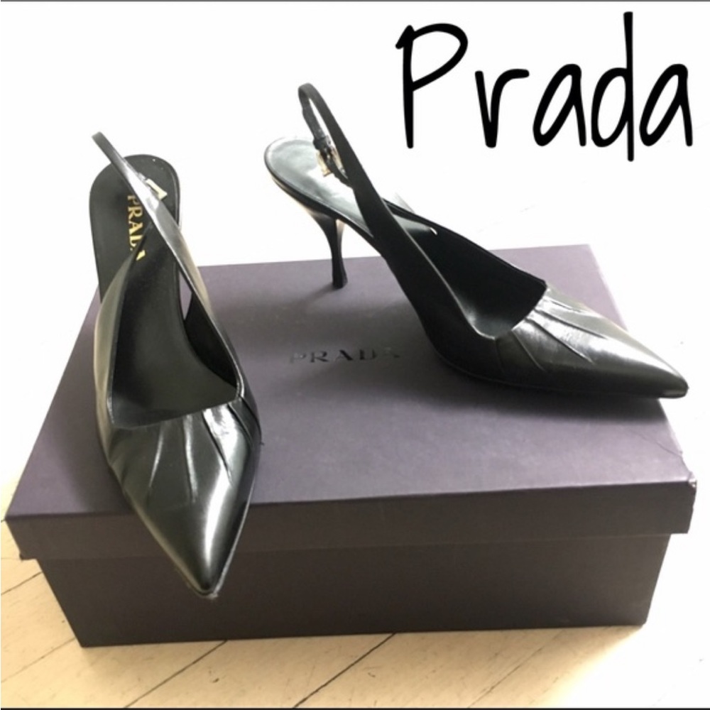 Prada Capretto Plisse Nero Calzature Donna sling back pump heels 37.5 women's